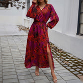 Elegant V Neck High Waist Print Dress